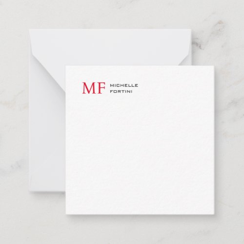 Modern Minimalist Monogram Initial Plain Red White Note Card