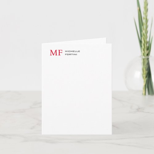 Modern Minimalist Monogram Initial Plain Red White Note Card