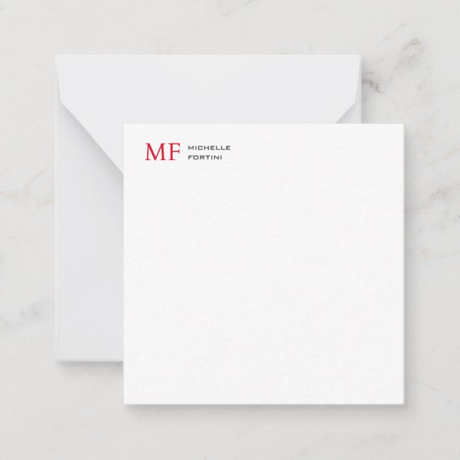 Modern Minimalist Monogram Initial Plain Red White Note Card (Front)