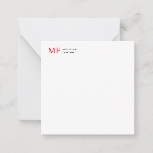 Modern Minimalist Monogram Initial Plain Red White Note Card