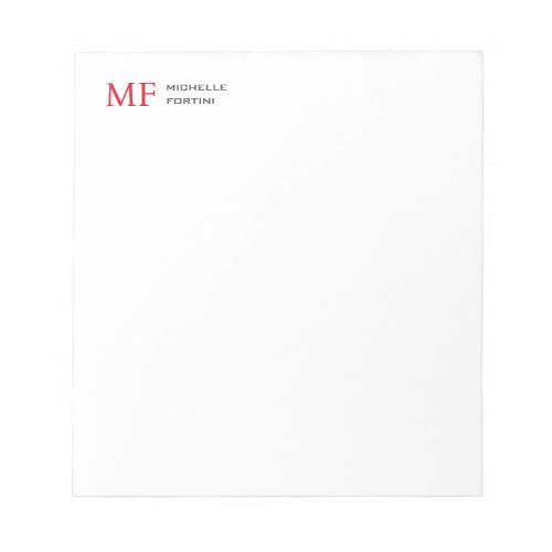 Modern Minimalist Monogram Initial Plain Red White Notepad