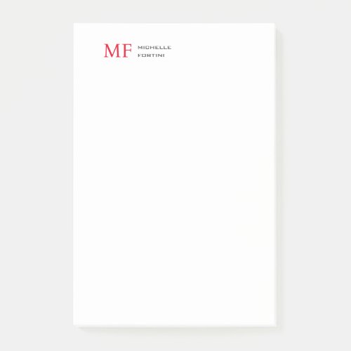 Modern Minimalist Monogram Initial Plain Red White Post_it Notes