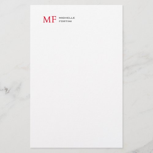 Modern Minimalist Monogram Initial Plain Red White Stationery