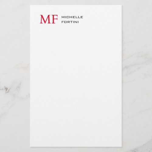 Modern Minimalist Monogram Initial Plain Red White Stationery