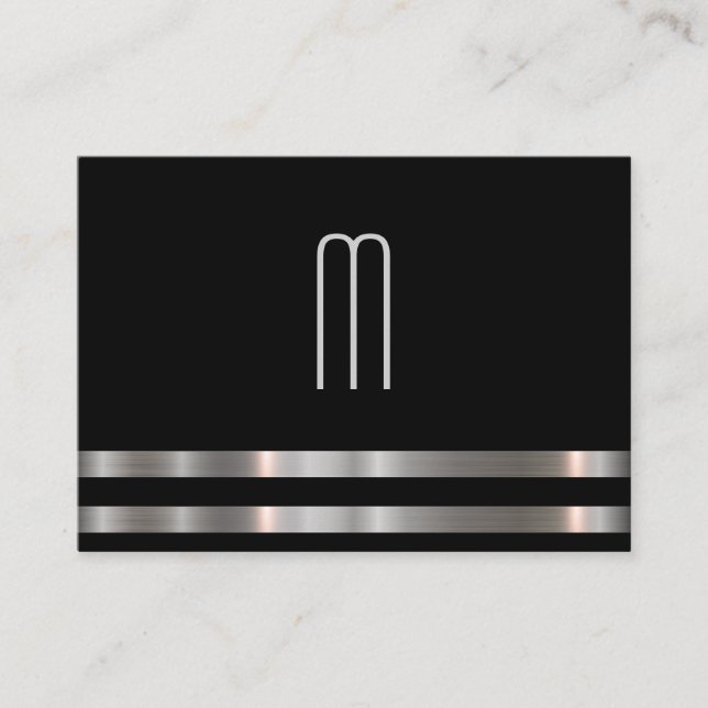 Modern Minimalist Monogram Metallic Silver Trim Business Card (Front)
