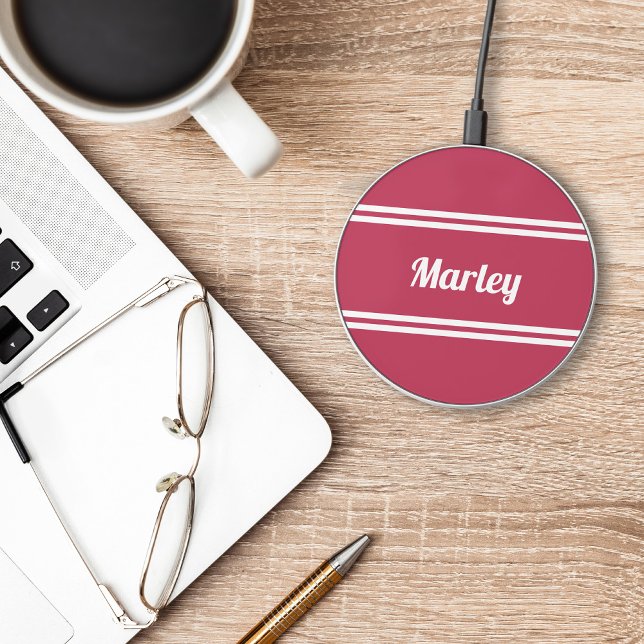 Modern Minimalist Monogram Name Magenta Red Cool   Wireless Charger (Creator Uploaded)