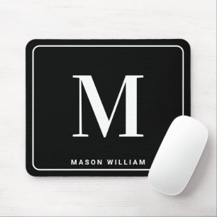 Modern Minimalist Monogram & Name - Stylish Black Mouse Pad