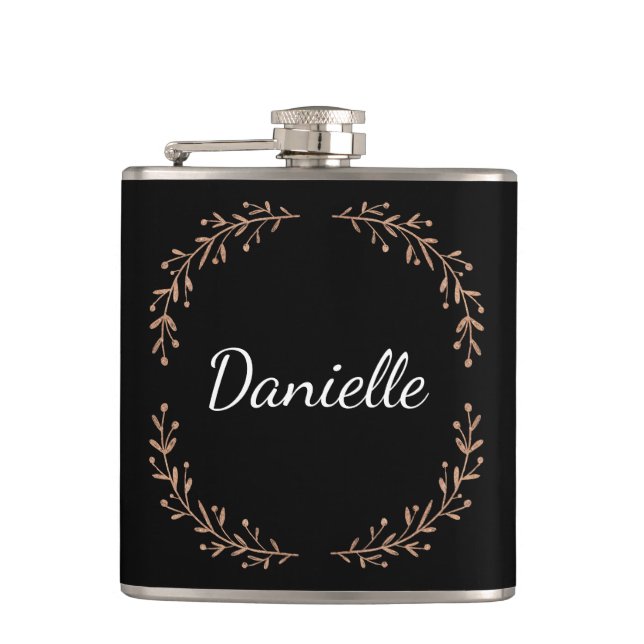 Modern Minimalist Monogram Name w/ Gold Branches Flask (Front)