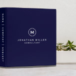 Modern Minimalist Monogram Navy Blue 3 Ring Binder<br><div class="desc">Modern professional binder features a minimalist design in navy blue. Custom name and title centered in a presented in a stylish simple font with a complimentary minimal monogram medallion. Shown with a custom name and monogram initial on the front in modern typography, this personalized business binder is designed with custom...</div>