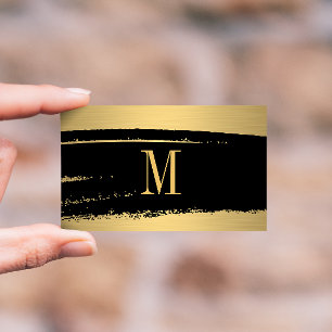 Modern Minimalist Monogram on Black/Gold Brushed Business Card
