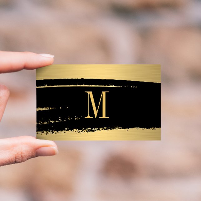 Modern Minimalist Monogram on Black/Gold Brushed Business Card (Creator Uploaded)