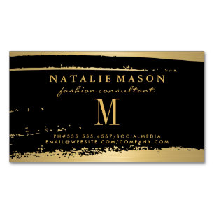 Modern Minimalist Monogram on Black/Gold Brushed Business Card Magnet
