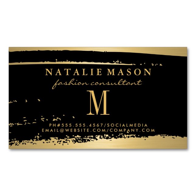 Modern Minimalist Monogram on Black/Gold Brushed Business Card Magnet (Front)