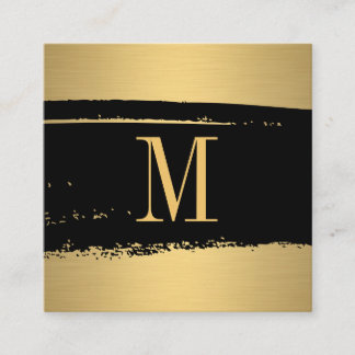 Modern Minimalist Monogram on Black/Gold Brushed Square Business Card