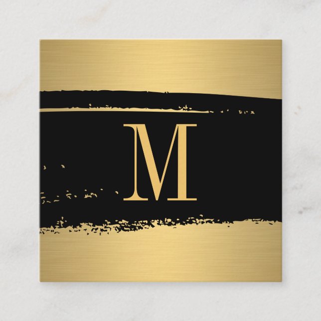 Modern Minimalist Monogram on Black/Gold Brushed Square Business Card (Front)