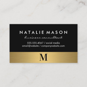 Modern Minimalist Monogram on Black Gold Trim Business Card