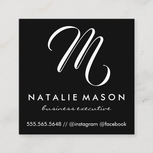 Modern Minimalist Monogram on Black Square Business Card