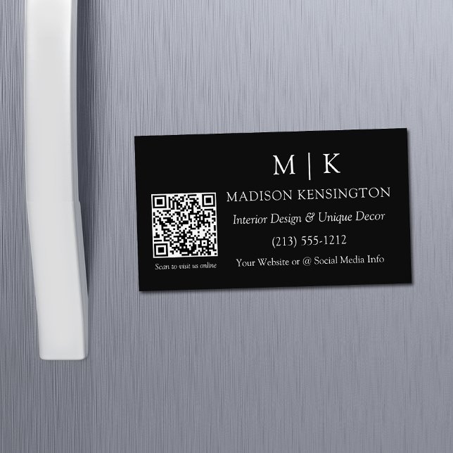 Modern Minimalist Monogram or Add Logo QR Code Business Card Magnet (Edit to Customize text, colors and more)