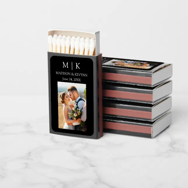 Modern Minimalist Monogram Photo Wedding Black Matchboxes | Zazzle