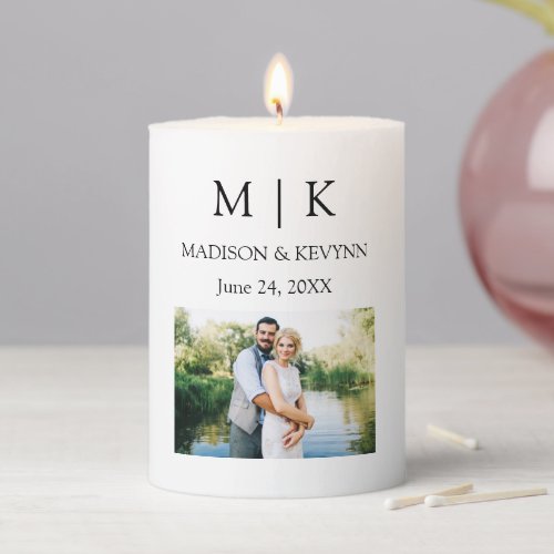 Modern Minimalist Monogram Photo Wedding Pillar Candle