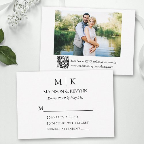 Modern Minimalist Monogram Photo Wedding QR Code RSVP Card