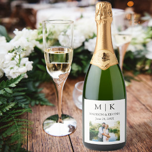Modern Minimalist Monogram Photo Wedding Sparkling Wine Label