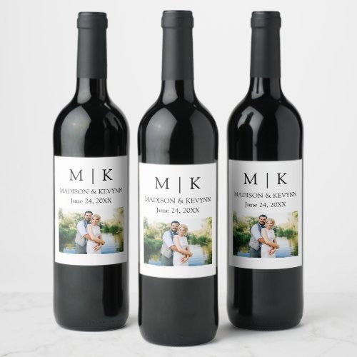 Modern Minimalist Monogram Photo Wedding Wine Label