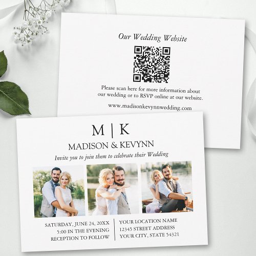 Modern Minimalist Monogram QR Code 3 Photo Wedding Invitation