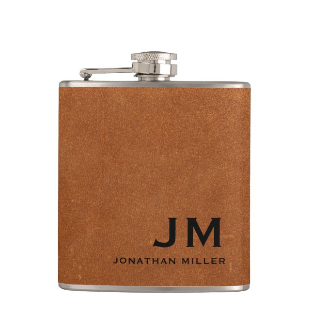 Modern Minimalist Monogram Sable Brown Leather Flask (Front)