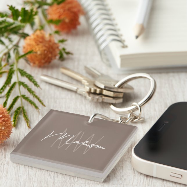 Modern Minimalist Monogram Taupe Script Name Keychain (Front Right)