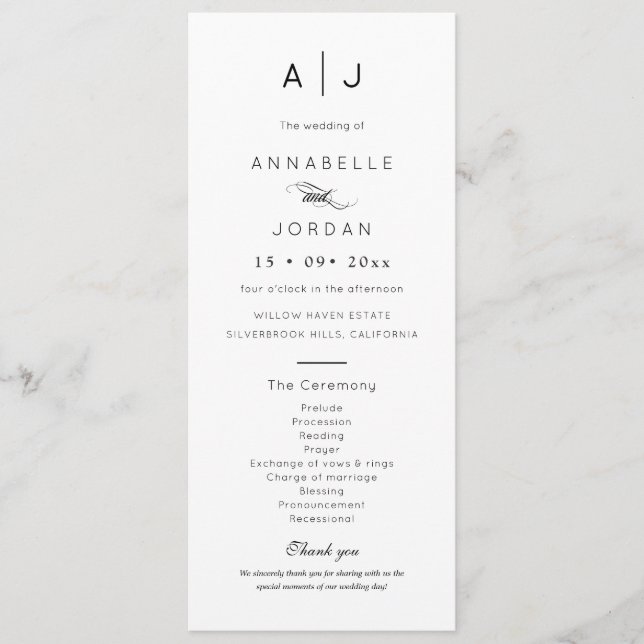 Modern Minimalist Monogram Timeless Wedding Program (Front)