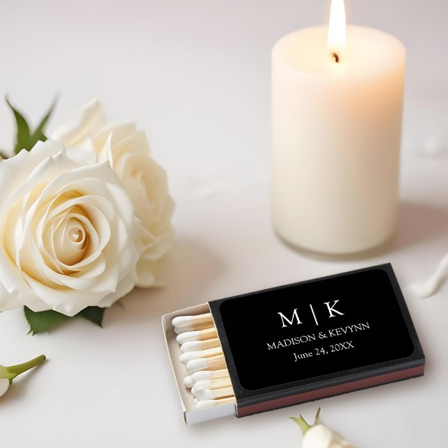 Modern Minimalist Monogram Wedding Black Matchboxes (Customize to change text size, text style or background color.)