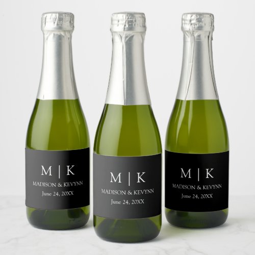Modern Minimalist Monogram Wedding Black Mini Sparkling Wine Label