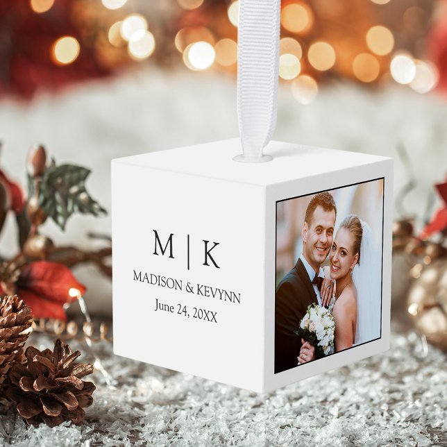 Modern Minimalist Monogram Wedding Cube Ornament (Customize to change text size, text style or color.)
