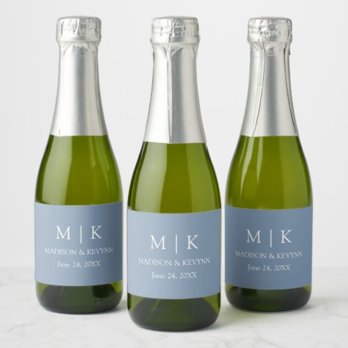 Modern Minimalist Monogram Wedding Dusty Blue Mini Sparkling Wine Label