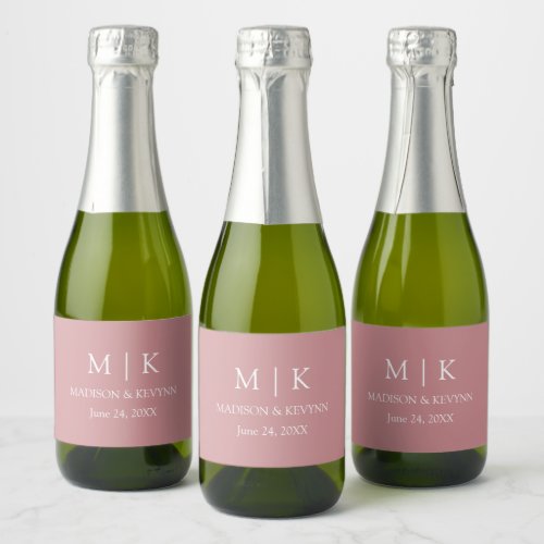 Modern Minimalist Monogram Wedding Dusty Rose Mini Sparkling Wine Label