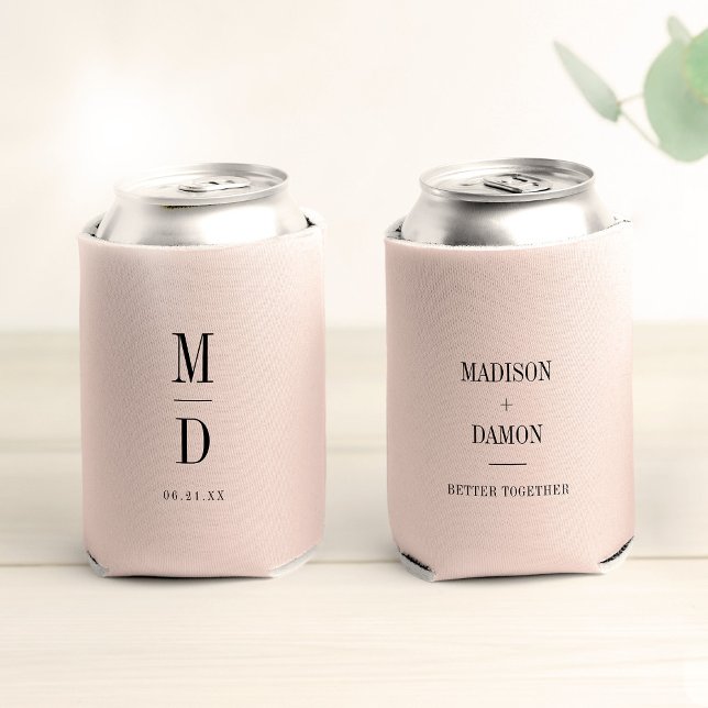 Modern Minimalist Monogram Wedding Elegant Names Can Cooler (Dusty Blush Pink Wedding can coolers make stylish wedding guest favors!)