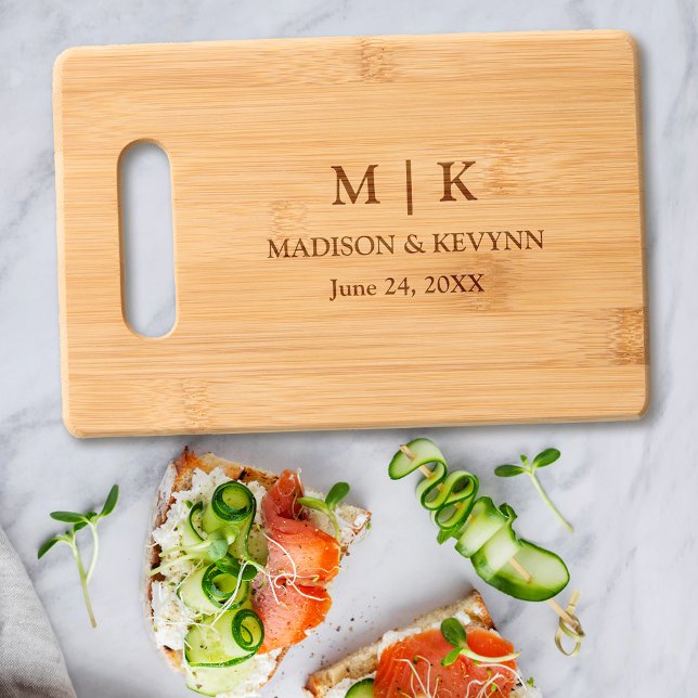 Modern Minimalist Monogram Wedding Engraved Cutting Board (Customize to change text size or text style.)