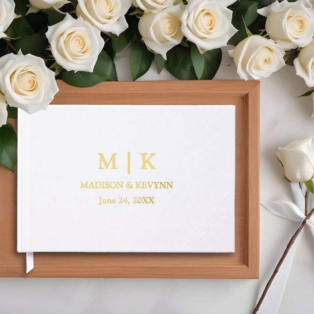 Modern Minimalist Monogram Wedding Gold Foil Guest Book (Customize to change text size or text style.)
