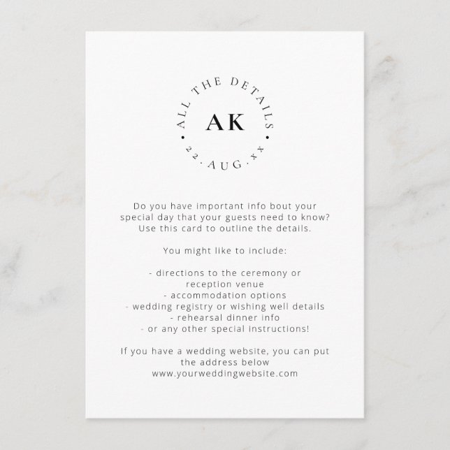 Modern Minimalist Monogram Wedding Initials Enclosure Card (Front)