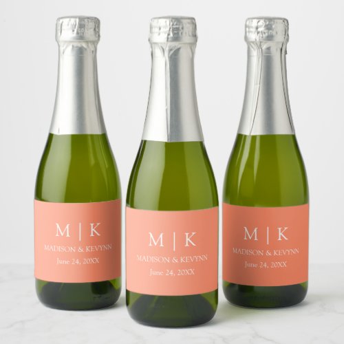 Modern Minimalist Monogram Wedding Peach Mini Sparkling Wine Label