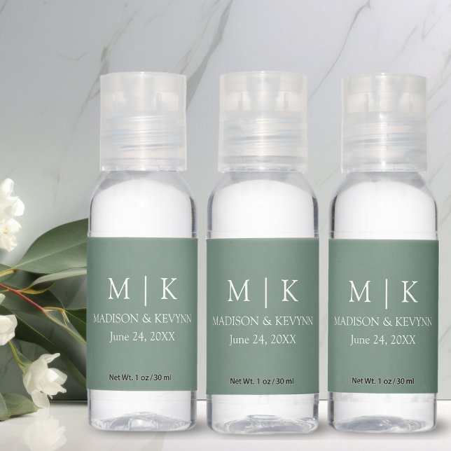 Modern Minimalist Monogram Wedding Sage Green Hand Sanitizer (Customize to change text size, style or background color.)