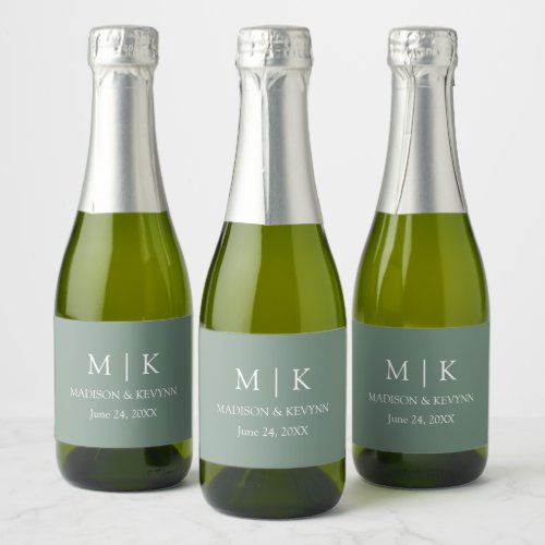 Modern Minimalist Monogram Wedding Sage Green Mini Sparkling Wine Label