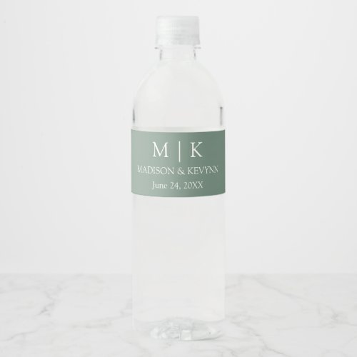 Modern Minimalist Monogram Wedding Sage Green Water Bottle Label
