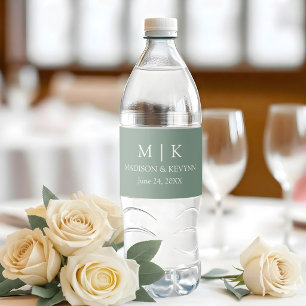 Modern Minimalist Monogram Wedding Sage Green Water Bottle Label