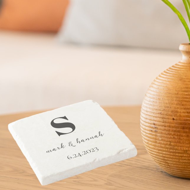 Modern Minimalist Monogram Wedding Stone Coaster (Wedding Gift)