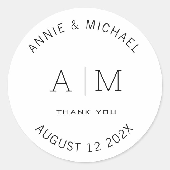 Modern, Minimalist, Monogram, White Classic Round Sticker (Front)