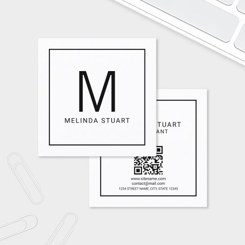 Modern Minimalist Monogram with Qr Code Square Business Card