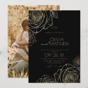 Modern Minimalist Moody Flowers Gold Rose Wedding Invitation