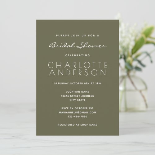 Modern Minimalist Moss Green Bridal Shower Invitation